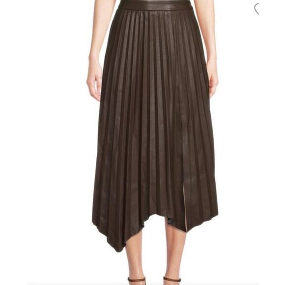 NWT ELIE TAHARI Faux Leather Pleated Skirt 6 Chocolate Espresso Midi A Line - Picture 1 of 5
